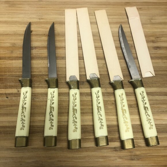 Korium Vintage Germany Steak Knife Set (8) | Ivory & Gold Stainless Steel Cutler - Picture 1 of 4